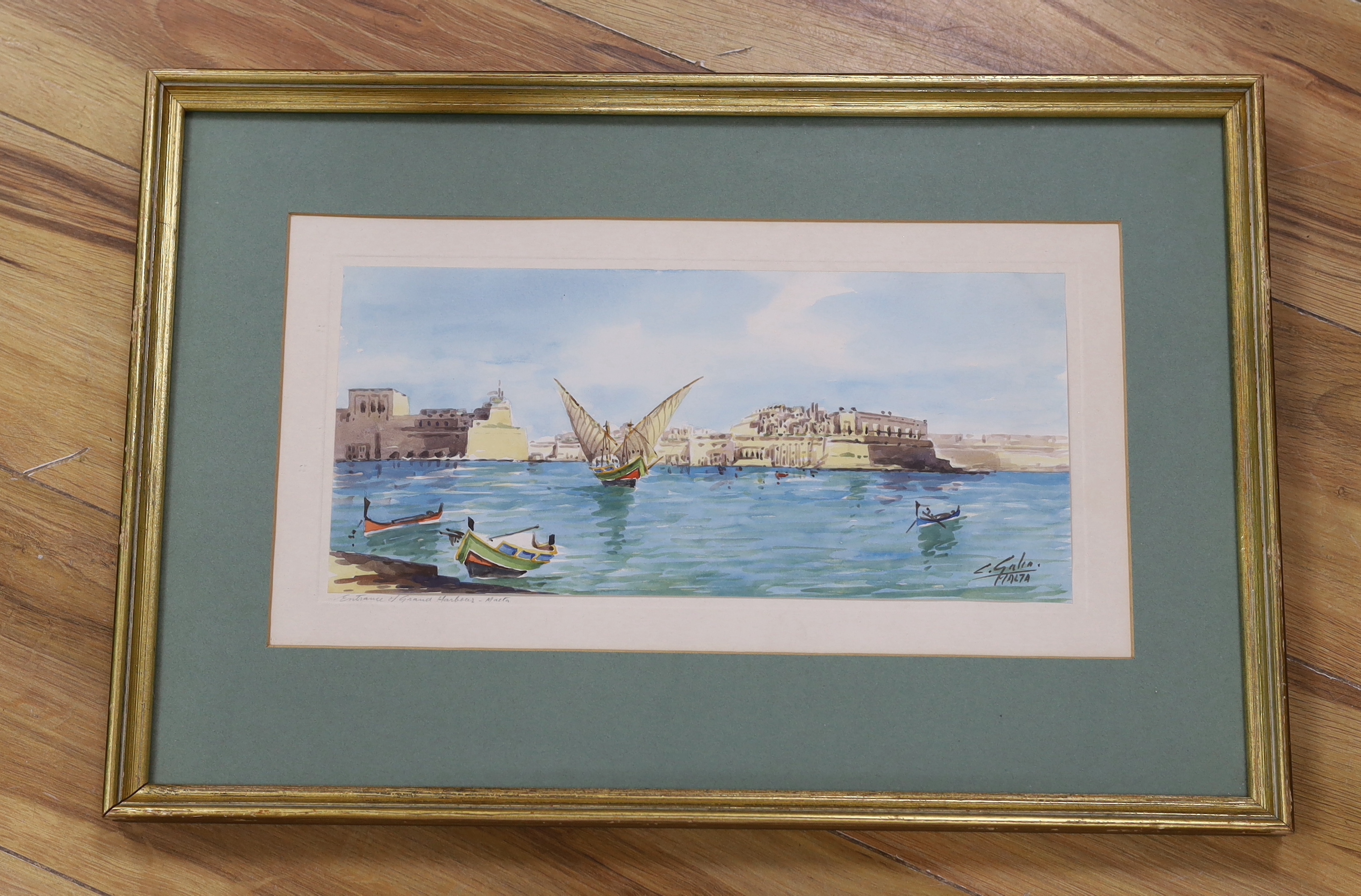 Galea, watercolour, Entrance of Grand Harbour, Malta, signed, 16 x 34cm